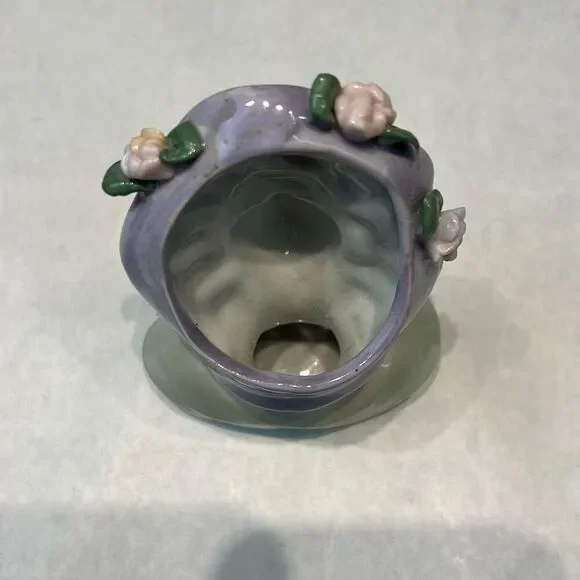 Vtg Lady Head Bust Vase Brush Holder Lilac Purple Hat Flowers - Picture 3 of 7